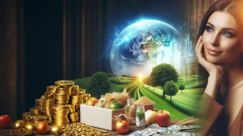 abundancia, riqueza, prosperidad. dinero, dólares, oro, joyas,divine healing energy,crystal ball-photography,golden apple,crystal ball,pear cognition,divination,prosperity and abundance,woman eating a