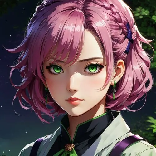 "Generate an AI image in anime style inspired by Demon Slayer, resembling Mitsuri Kanroji. The character should have long, pink hair with green tips, styled in thick braids. She should have large, exp