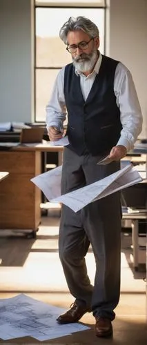 middle-aged man, mature, professor, architecture expert, glasses, messy gray hair, beard, white shirt, brown waistcoat, dark trousers, leather shoes, holding a blueprint, standing in front of a large 