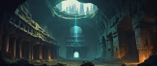 ancient city,hall of the fallen,futuristic landscape,pillars,ancient,sci fiction illustration,descent,dungeon,threshold,monolith,dungeons,concept art,ruin,pantheon,ruins,the ancient world,below,portals,fantasy landscape,exploration,Conceptual Art,Fantasy,Fantasy 02