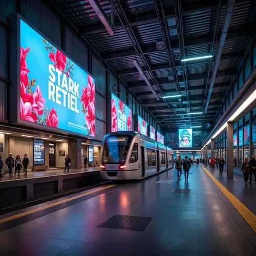 Futuristic tram station, sleek metal structures, neon-lit advertisements, modern LED displays, vibrant digital signage, stainless steel accents, gleaming glass surfaces, polished concrete floors, dyna