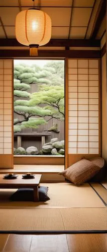 Traditional Japanese interior, tatami mats, shoji screens, sliding doors, low seating, minimal decor, natural wood accents, paper lanterns, subtle lighting, serene atmosphere, warm beige tones, gentle