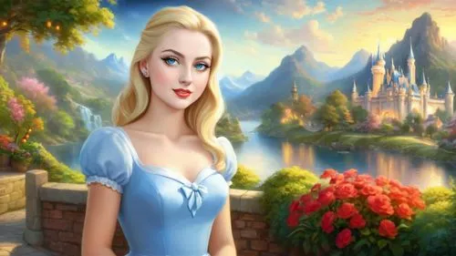 Romantic masterpiece oil painting, cute girl portrait, nostalgic 1950's style kitsch, breathtaking beautiful Disney kingdom landscape, majestic fantasy scenery, evening lighting, highly detailed highr