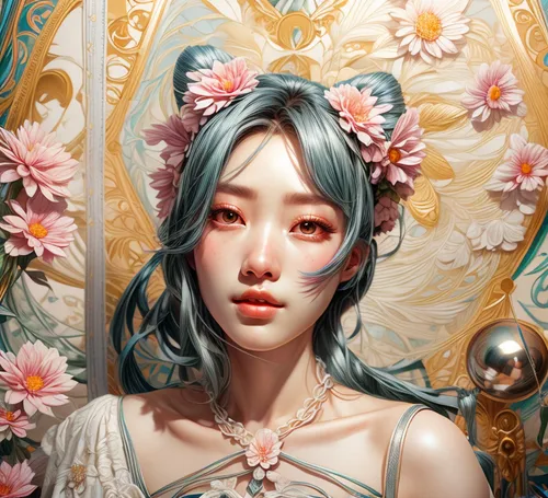 fantasy portrait,flower fairy,mint blossom,blooming wreath,jasmine blossom,girl in a wreath,floral wreath,spring crown,wreath of flowers,flower girl,porcelain rose,elven flower,flora,oriental princess,girl in flowers,japanese floral background,digital painting,blossom,porcelain,portrait background