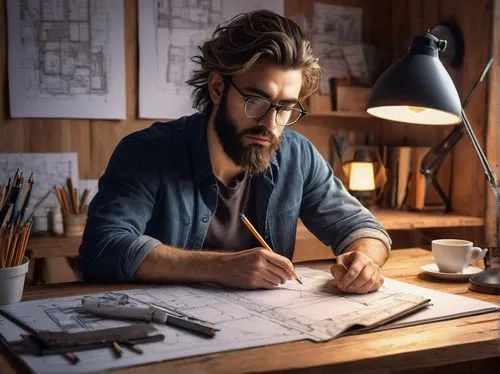 Architecture, drawing book, open book, wooden desk, studio lamp, pencils scattered, ruler, protractor, blueprints, sketches, coffee cup, modern architect, male, 30s, casual clothes, glasses, messy hai