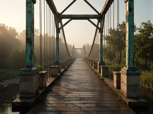 Rustic bridge structure, wooden planks, steel beams, suspension cables, industrial textures, misty atmosphere, serene water reflections, lush greenery surroundings, warm golden lighting, soft morning 