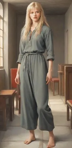 full body view:(female prisoner)(barefooted, barefoot, bare feet)(damaged 16th century prisoner clothes,ragged)(normal ideal human proportions, real human proportions)(long shoulderlong hair, open fla