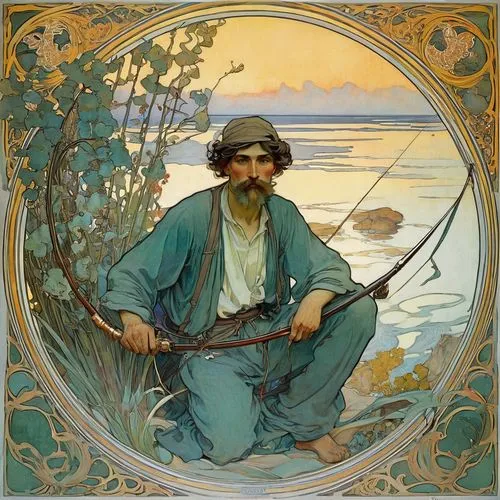 version john the fisherman,fisherman,fisher,alfons mucha,fisherwoman,pescador,fishermens,mucha,kalevala,man at the sea,kupala,orpheus,odysseus,khayyam,voyageur,bombadil,persian poet,margetson,mccubbin,pilgrim,Illustration,Retro,Retro 03