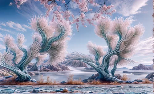 fantasy landscape,ice landscape,virtual landscape,fractal environment,salt meadow landscape,antarctic flora,mandelbulb,flowerful desert,desert landscape,blooming trees,blossom tree,ice planet,arid landscape,desert desert landscape,alien world,alien planet,an island far away landscape,futuristic landscape,flowering trees,mushroom landscape