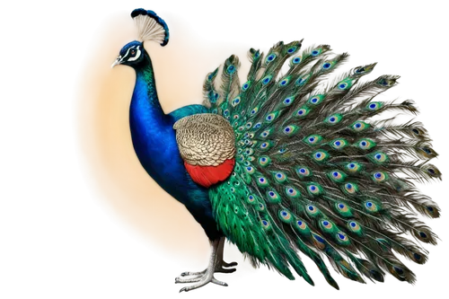 male peacock, vibrant plumage, iridescent blue-green feathers, golden neck, bright red eye, slender legs, perched, spreading tail, detailed textures, soft natural light, 3/4 composition, shallow depth