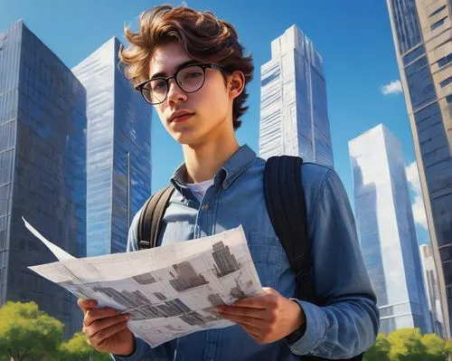 Architecture student, young adult, (20yo), bespectacled, messy brown hair, casual wear, backpack, holding blueprints, standing in front of a modern skyscraper, cityscape, sunny day, clear sky, slight 