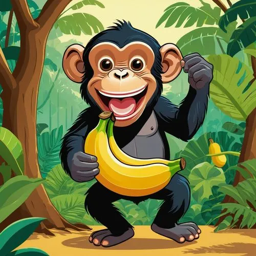 "Create a simple 2D cartoon of a chimpanzee happily enjoying his banana. The chimpanzee should have a joyful expression, with wide eyes and a big smile, holding the banana with both hands. The banana 