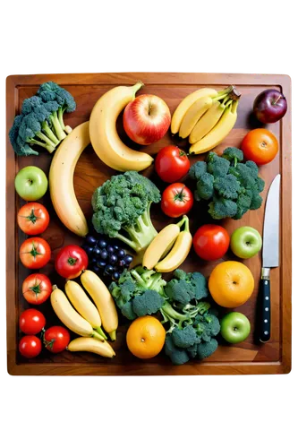 Colorful fruit and vegetable still life, assorted fruits (apple, banana, grapes), mixed vegetables (carrot, broccoli, tomato), wooden cutting board, kitchen counter, overhead lighting, 3/4 composition