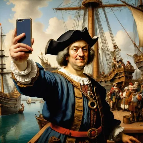 Realistic oil painting, long shot, Christopher Columbus taking a selfie in front of his ship with mobile phone, Santa Maria at the bustling port of spain, by Rembrandt and Johannes Vermeer, intricate 