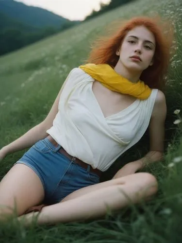 Sabina on the meadow, wearing hot pants and waiting for her boyfriend Ulrich.,a woman sitting on the grass with red hair,girl lying on the grass,yellow grass,meadow,ektachrome,in the tall grass,chamom