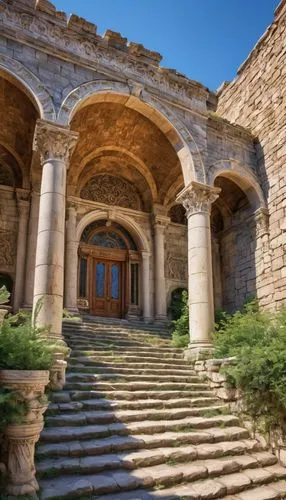 Roman architecture, ancient ruins, detailed stone carvings, marble columns, ornate arches, grand staircase, majestic entrance, historic landmark, sunny afternoon, clear blue sky, few puffy clouds, war