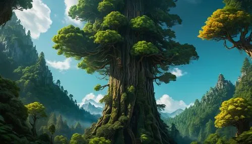 cartoon video game background,cartoon forest,forest background,tree tops,coniferous forest,forest landscape,elven forest,fir forest,forests,cypresses,sempervirens,metasequoia,spruce forest,sequoias,forest tree,rainforests,pine forest,big trees,green forest,wildstar,Illustration,Realistic Fantasy,Realistic Fantasy 03