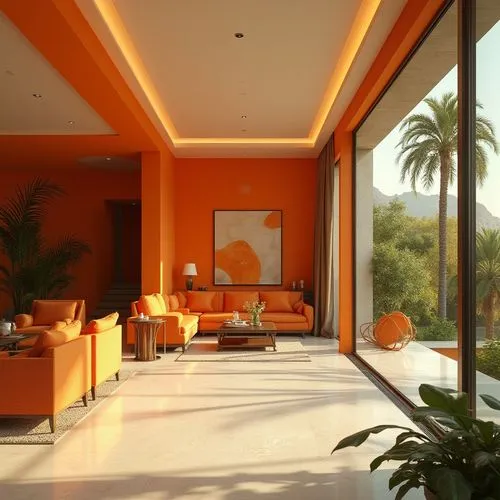 Tangerine colored modern villa, luxurious, sleek lines, large windows, sliding glass doors, minimalist interior design, vibrant tangerine accent walls, matching furniture, abstract geometric patterns,