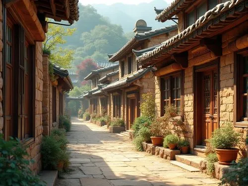 Earthy tone regionalist buildings, rustic stone walls, wooden accents, curved lines, ornate decorations, vibrant cultural patterns, traditional architectural elements, lush green roofs, overhanging ea