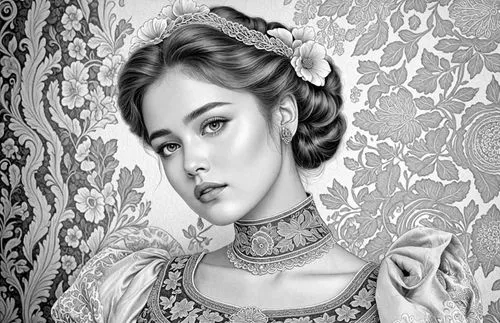 A highly detailed portrait of a young woman with an almost lifelike appearance, her head tilted slightly, with soft, contemplative eyes gazing indirectly at the viewer. She is adorned in an ornate, go