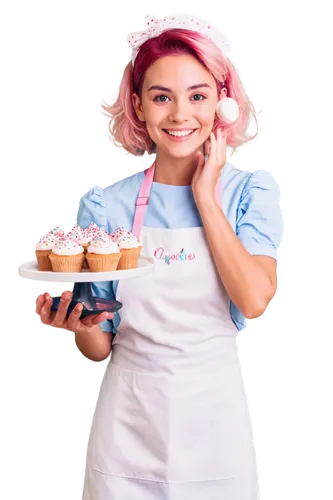 Cute girl, pastry chef, pink hair bow, sweet smile, white apron, colorful sprinkles, holding tray of cupcakes, pink cheeks, gentle gaze, soft natural lighting, 3/4 composition, pastel color tone, roun