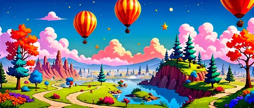 fairy world,cartoon forest,cartoon video game background,candyland,balloon trip,mushroom landscape,imaginationland,wonderlands,fairyland,fantasy world,dreamlands,colorful balloons,fantasy landscape,dream world,3d fantasy,fairy village,wonderland,balloonists,dreamsville,futuristic landscape,Unique,Pixel,Pixel 05