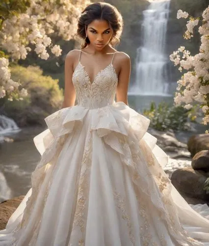 As the sun begins to dip below the horizon, a majestic slender white gown with intricate floral motifs adorns its cascade in a serene garden. The gown, adorned with a powerful bow, reflects the golden