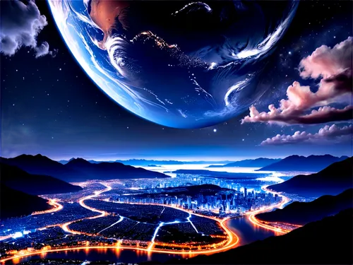 futuristic landscape,alien planet,alien world,nightscape,panoramical,fantasy world,planet earth view,planet alien sky,planet eart,landscape background,night image,night scene,fantasy city,world digital painting,planet,fantasy landscape,terraforming,fractal environment,night highway,dream world,Conceptual Art,Fantasy,Fantasy 34