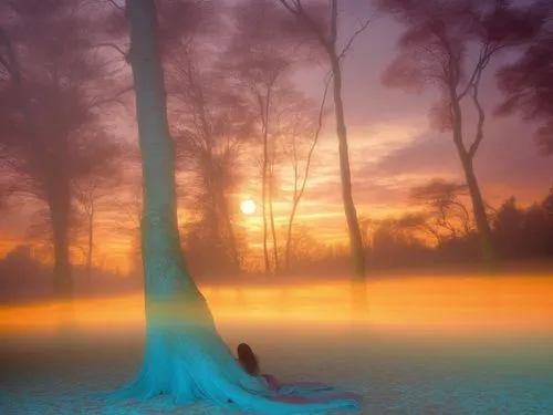 Beautiful pregnancy young womaan full nude very exotic and misty skyll ,a person is laying on a blanket in the foggy park,veil fog,ghost forest,ground fog,foggy forest,sea of fog,dead vlei,Illustratio