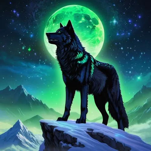 blackwolf,constellation wolf,howling wolf,wolfsangel,black shepherd,wolfen,Illustration,Realistic Fantasy,Realistic Fantasy 20