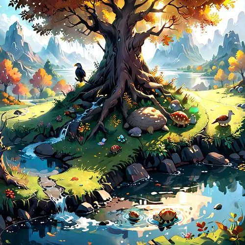 autumn tree,autumn forest,autumn idyll,autumn landscape,fall landscape,autumn scenery,autumn background,oak tree,watercolor tree,yggdrasil,old tree,autumn trees,autumn day,forest tree,flourishing tree,mushroom landscape,tree,autumn theme,autumn,autumn frame,Anime,Anime,Cartoon