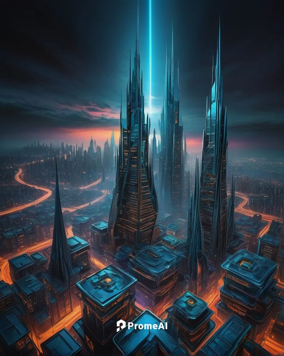 Impossible architecture, futuristic cityscape, curved skyscrapers, twisted spires, irregular shapes, glowing neon lights, misty atmosphere, distant foggy mountains, abstract reflections on glass surfa