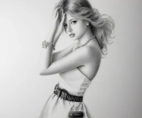 女生，黑白，素描，手链，项链，白色裙子，腰带,a pencil drawing of a young blonde girl with her arm around her shoulder,pencil drawings,pin-up girl,charcoal drawing,blackney,hyoty,retro pin up girl,Illustration,Black and Whi