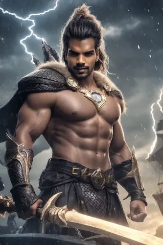 male, villain, immortal attitude, blackclothes, bare chest, black and lightning theme, standing as captain on viking battle ship, long shot ,a man with an evil look, holding two swords in his hands,at