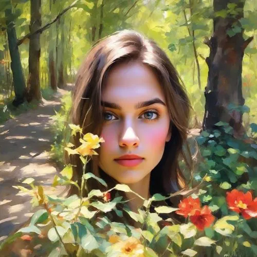 girl in flowers,beautiful girl with flowers,girl in the garden,mystical portrait of a girl,world digital painting,girl with tree,fantasy portrait,romantic portrait,flower painting,oil painting,digital painting,photo painting,oil painting on canvas,girl portrait,girl picking flowers,young woman,girl in a long,kahila garland-lily,portrait background,portrait of a girl,Digital Art,Impressionism