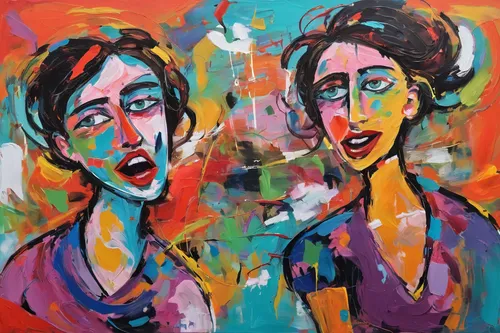 Compose a comedic story about the hilarious misadventures Aimee and Ffion face during a road trip.,two girls,two people,faces,multicolor faces,paintings,woman thinking,split personality,young couple,e