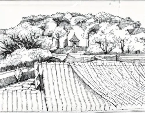 landscape plan,farm landscape,straw roofing,section,agricultural,farm yard,roof landscape,terraces,farmlands,rural landscape,farm,lithograph,fruit fields,farmland,farms,sawmill,village scene,crosshatc