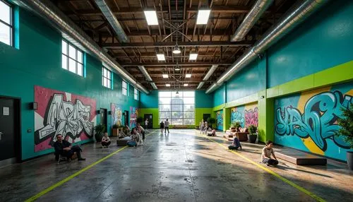 factory hall,warehouse,lofts,aqua studio,hall,graffiti,industrial hall,dogpatch,color wall,loft,fitness facility,dojo,lrg,art academy,limeworks,artspace,collaboratory,hangar,tulsa,ellum