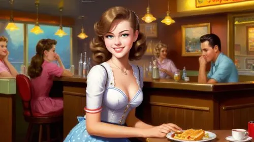 Romantic kitsch masterpiece oil painting, cute waitress girl portrait, 1 girl alone, sitting, classic 1950's style diner, nostalgic retro American vintage scenery, by Thomas Kinkade, high res,retro di