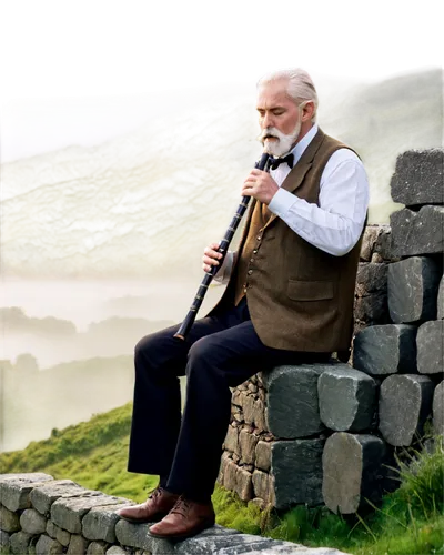 Irish traditional musician, male, old, white beard, worn tweed suit, brown waistcoat, white shirt, black trousers, holding wooden flute, playing solo, sitting on stone wall, misty morning, rolling hil