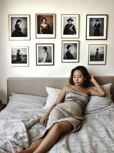 a woman makes herself comfortable on a bed in front of a few photos,a woman wearing a dress lays on her bed in front of framed pographs,woman on bed,sade,girl in bed,jinglei,bedroom,bedrooms