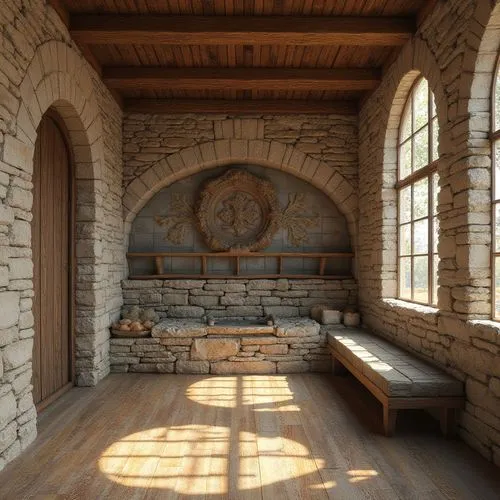 pilgrimage chapel,crypt,stone oven,antechamber,chapel,wayside chapel,undercroft,mithraeum,amphipolis,tepidarium,stone floor,byzantine museum,romanesque,altar,narthex,stonework,cave church,entrance hall,inside courtyard,stone stairway,Photography,General,Realistic