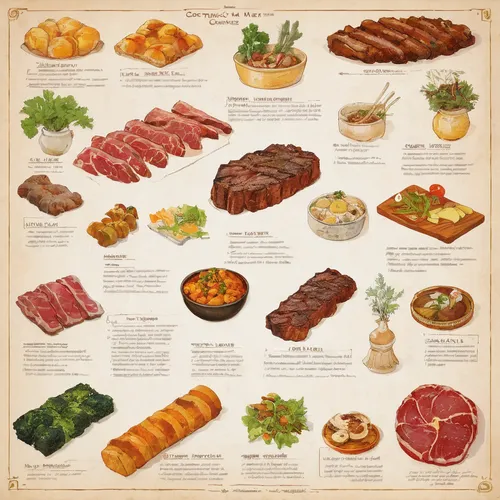 Construct a meat chart showcasing the diversity of global cuisines.,meat chart,meat products,charcuterie,cured meat,meat analogue,foods,food icons,chinese sausage,sheet pan,eastern european food,weste