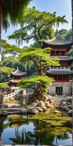 an oriental pond with a pagoda and trees,japanese garden,hyang garden,the golden pavilion,golden pavilion,japanese garden ornament,asian architecture,japan garden,the japanese tree,kyoto,qingcheng,suz