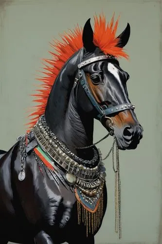 A horse with a punk mohawk, wearing a spiked necklace.,hussar,painted horse,peshwa,maharana,lusitanos,hussards,portrait animal horse,cheval,carnival horse,samarrai,caballos,maharaja,sauros,bajirao,pin