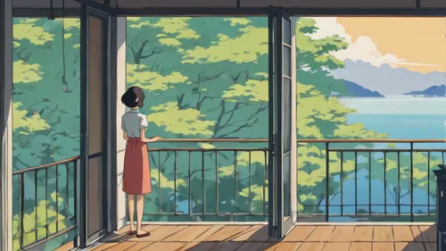 studio ghibli,overlook,summer day,house silhouette,summer evening,bedroom window,balcony,window sill,window to the world,scenery,blue jasmine,ocean view,seaside view,hideaway,atmosphere,window view,backgrounds,windowsill,the horizon,idyllic,Illustration,Japanese style,Japanese Style 06