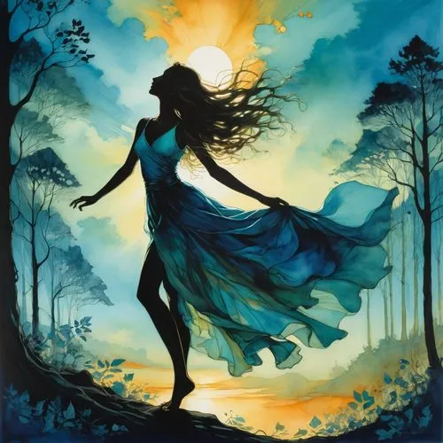  silhouette,dance silhouette,woman silhouette,ballerina in the woods,silhouette dancer,dance with canvases,Illustration,Realistic Fantasy,Realistic Fantasy 16