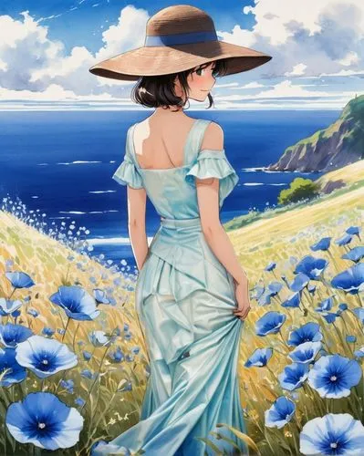 straw hat,blue painting,blue rose,landscape background,flower painting,jasmine blue,jane austen,straw hats,country dress,himilayan blue poppy,springtime background,windflower,girl in a long dress,flow