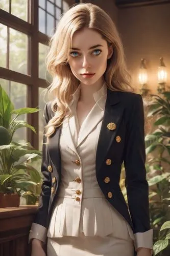 A young woman with fair skin, long wavy blonde hair, and blue eyes, stands confidently in an indoor setting. She is dressed in a black, tailored blazer with strong shoulders and adorned with two rows 