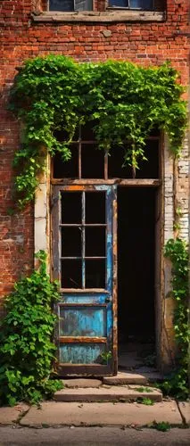 Abandoned, architectural salvage, Kansas City, Missouri, old brick building, worn wooden doors, rusty metal gates, broken stained glass windows, overgrown with ivy, neglected alleyway, dimly lit, afte